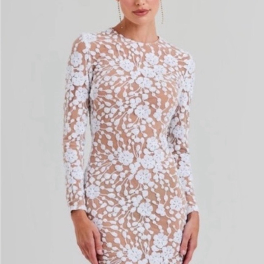 NADINE MERABI Nude Sheer Floral Lace Long Sleeve Dress with White Appliqué